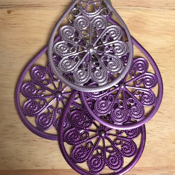 Large Purple Metal Filigree Intricate Earrings - Picture 3 of 5